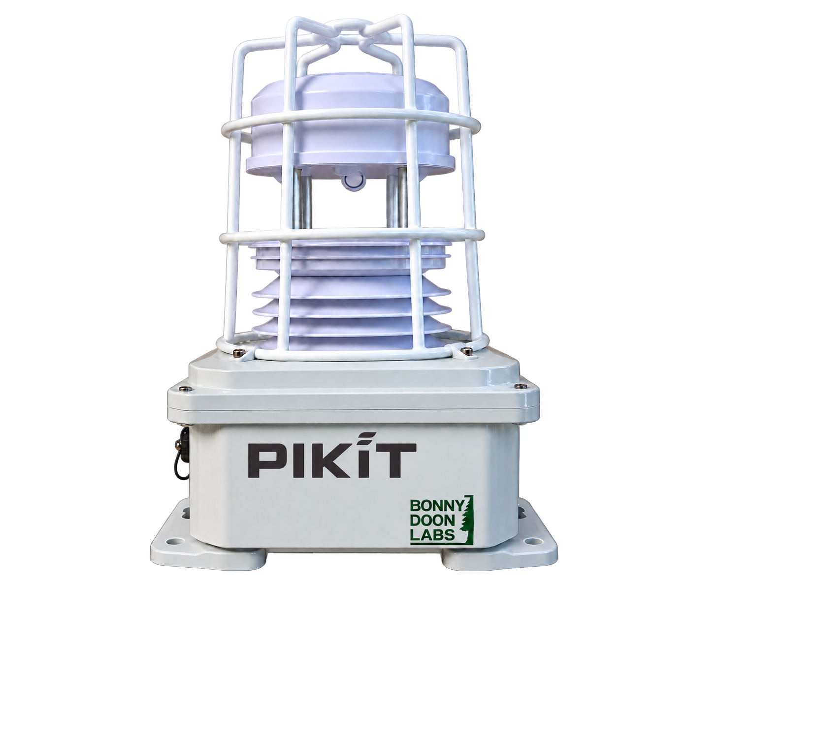 The PIKiT weather station, front view, with height, width and depth dimensions